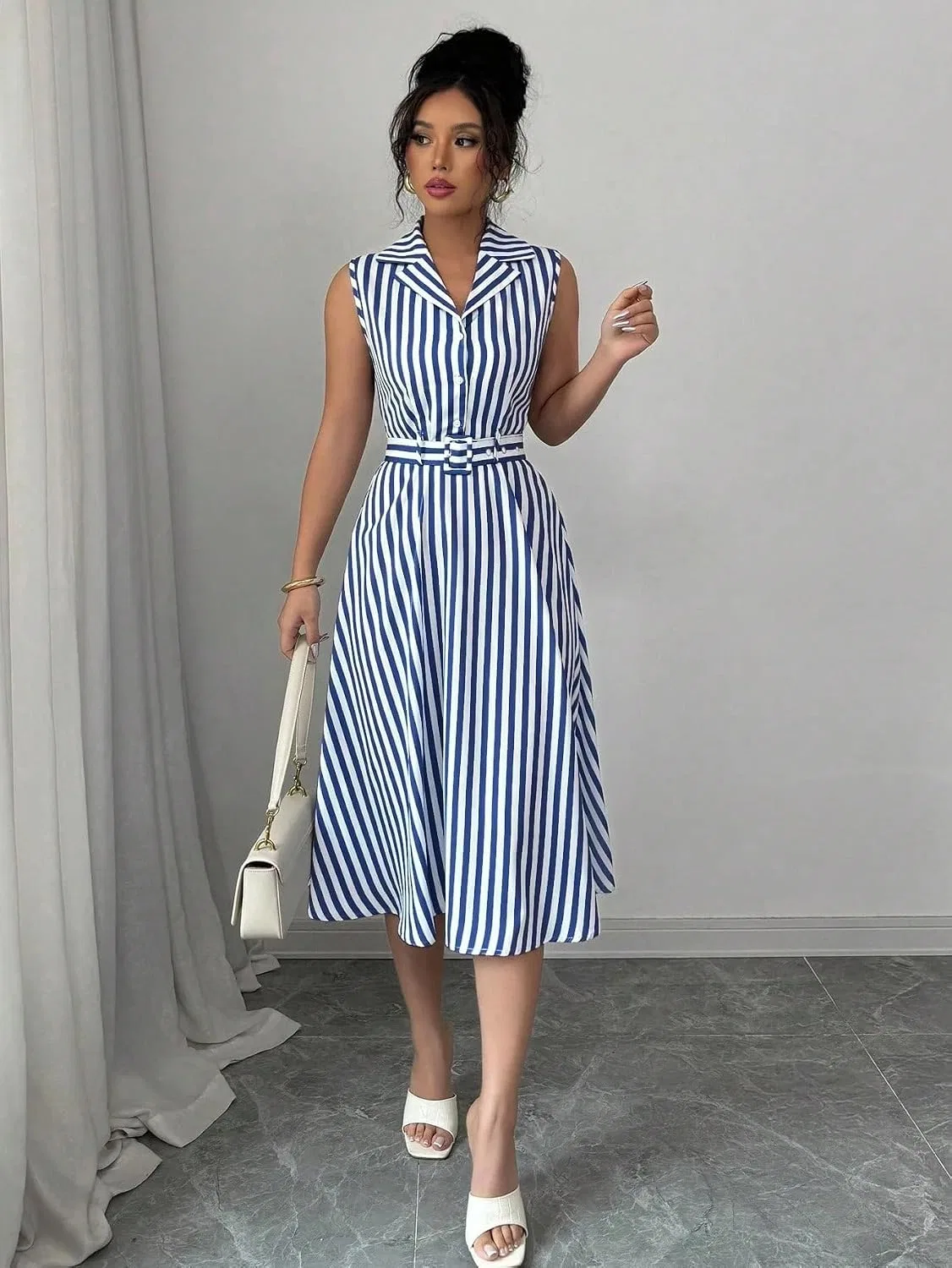 Женское повседневное платье с запахом и поясом, миди, Navy Blue — фото 4