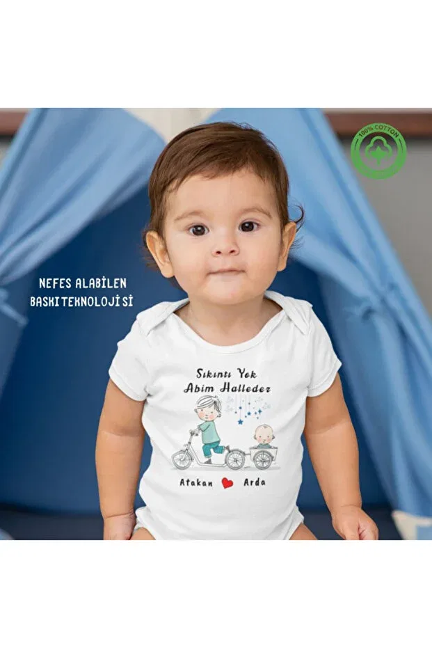 Детское боди-комбинезон с принтом Brother and sister bicycle themed written personalized children's 2-piece combination Asilcomkids, White — фото 2