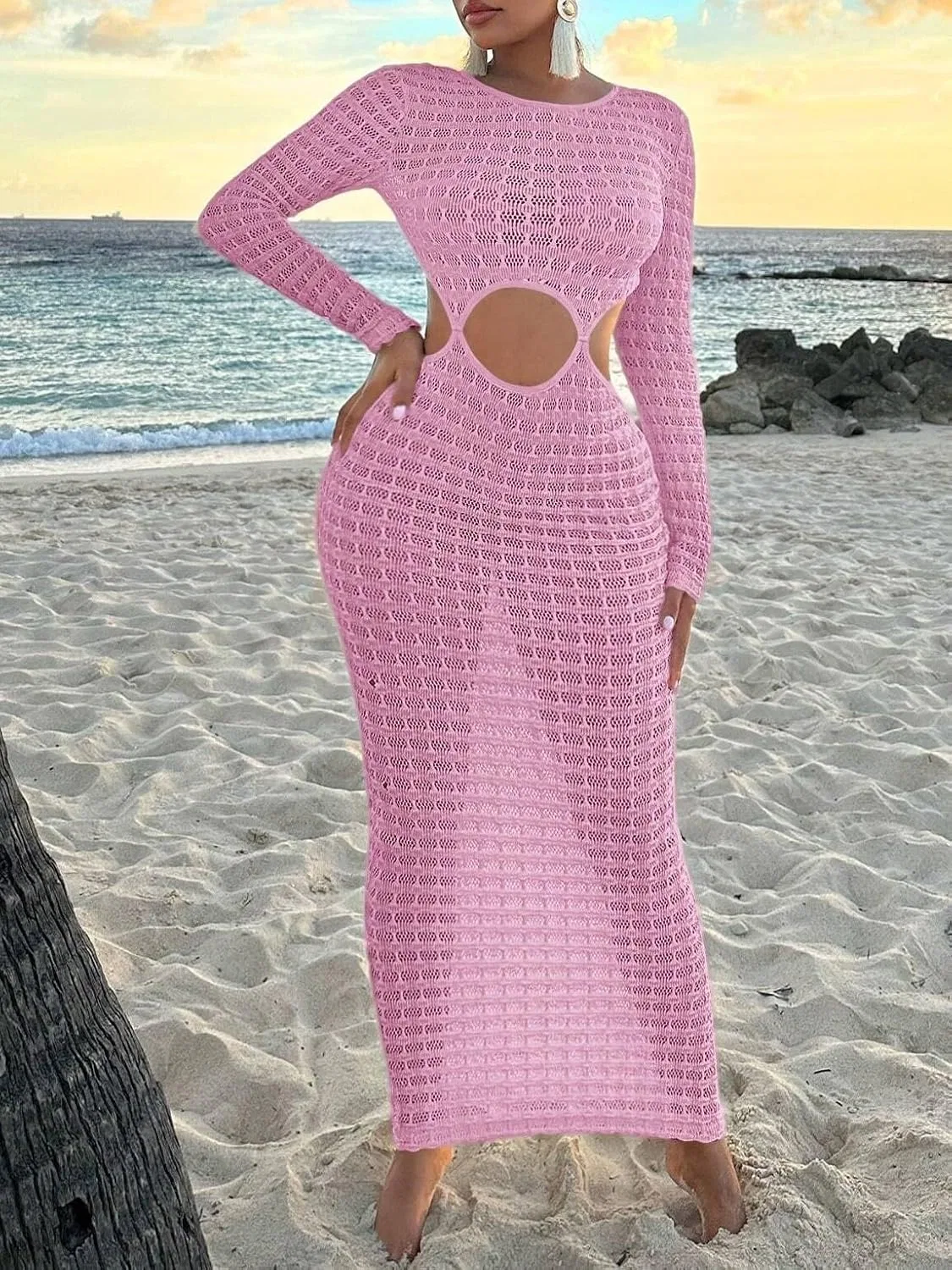 Женское облегающее платье макси с вырезами, Pink — фото 3