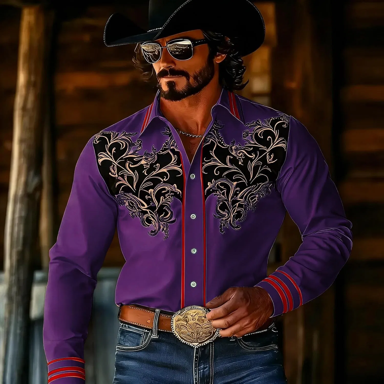 Мужская рубашка-ковбой с длинным рукавом, с принтом, Cowboy, тёмно-фиолетовый — фото 2