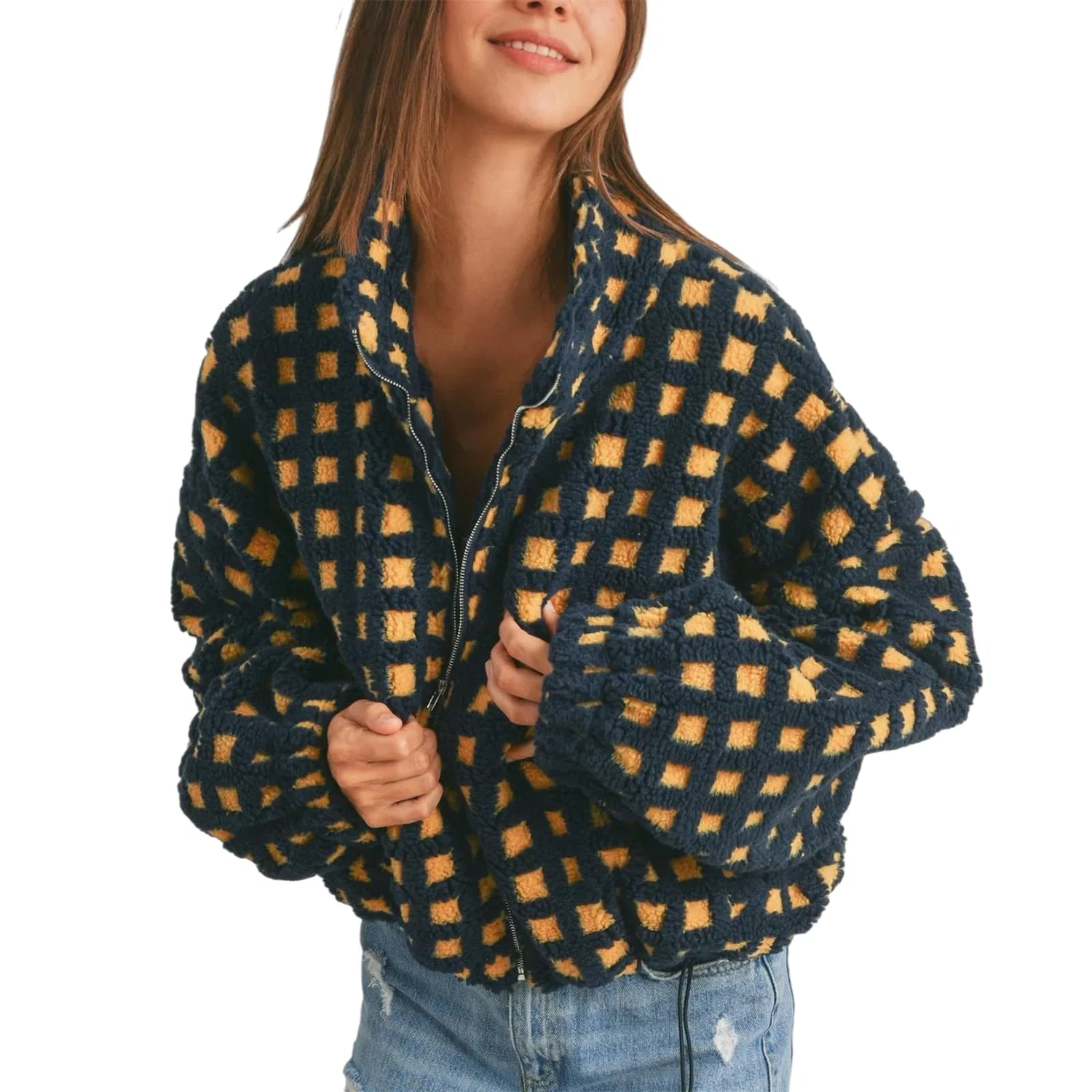 Женское пальто с длинным рукавом в клетку, blu navy