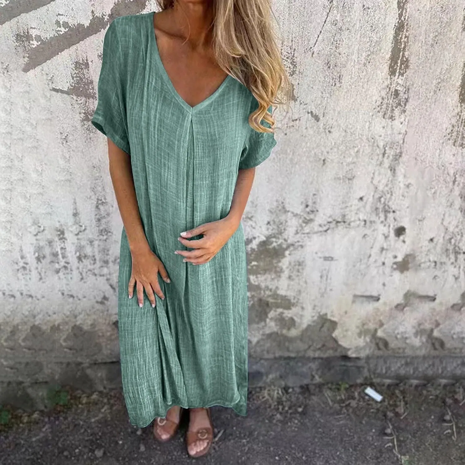 Женское летнее платье с v-образным вырезом и коротким рукавом, Green — фото 4