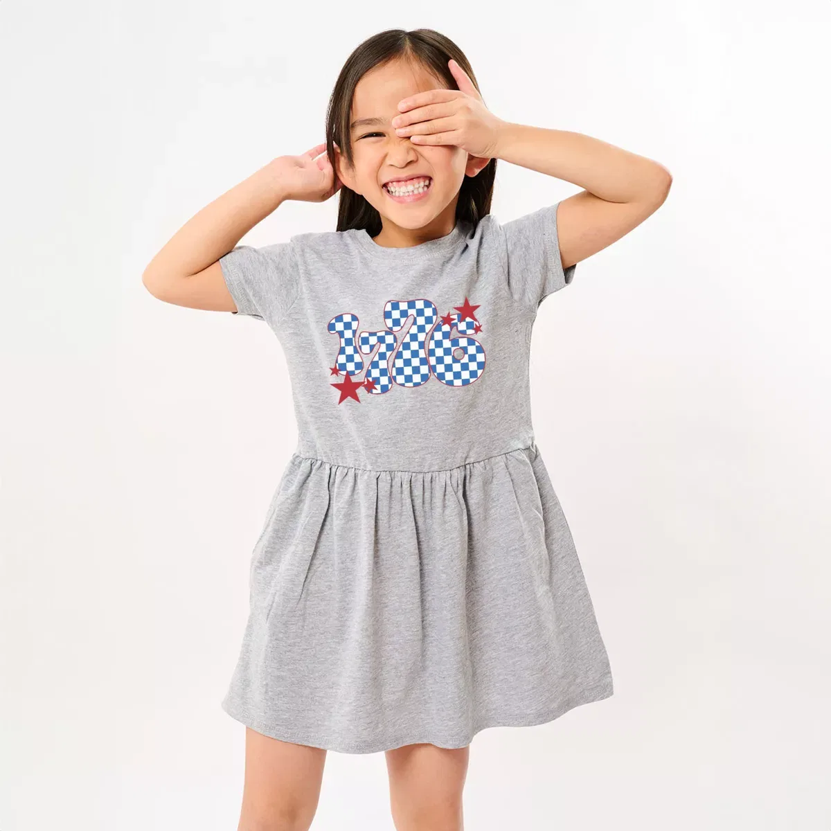 Детское платье для девочек с принтом Patriotic 1776 Checkered The Juniper Shop, Heather Grey