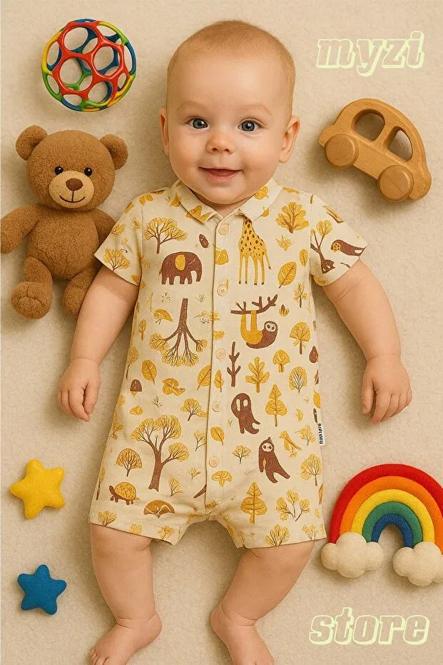 Детский комбинезон с коротким рукавом Newborn baby 100% cotton animal patterned summer jumpsuit Myzi Store, Beige Patterned