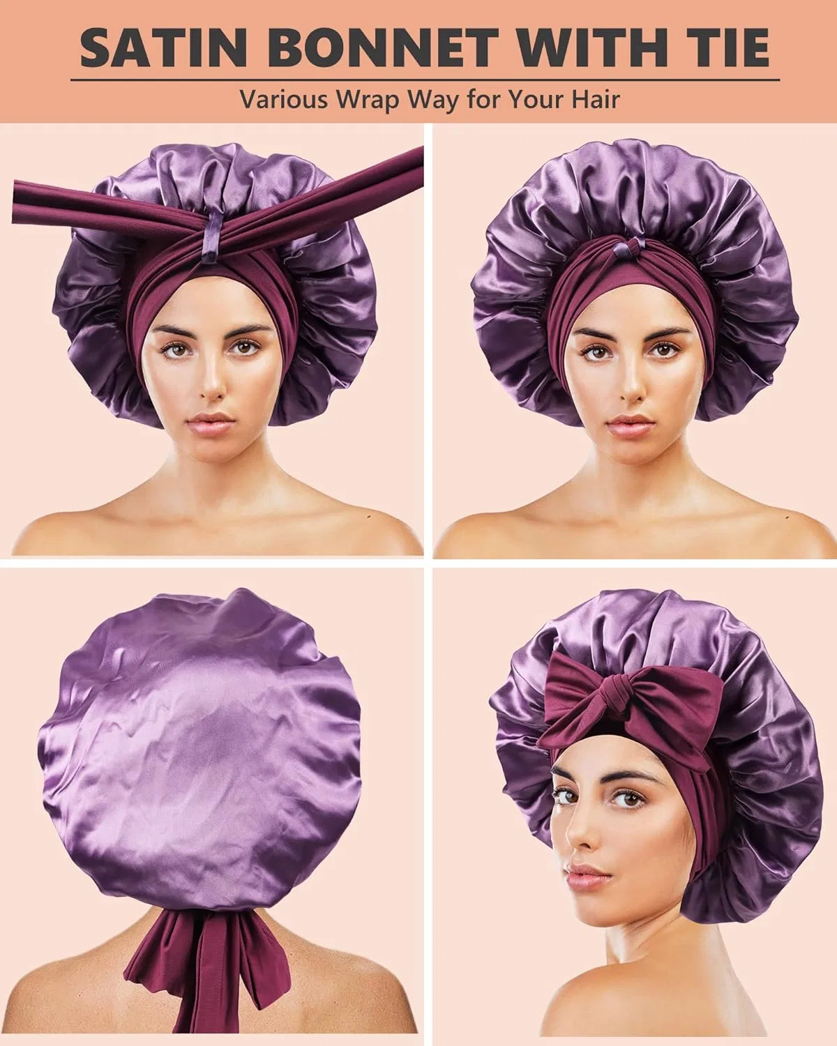 Шапочка для душа из атласа, Himoswis, 1 шапочка + 3 резинки, Plum — фото 3
