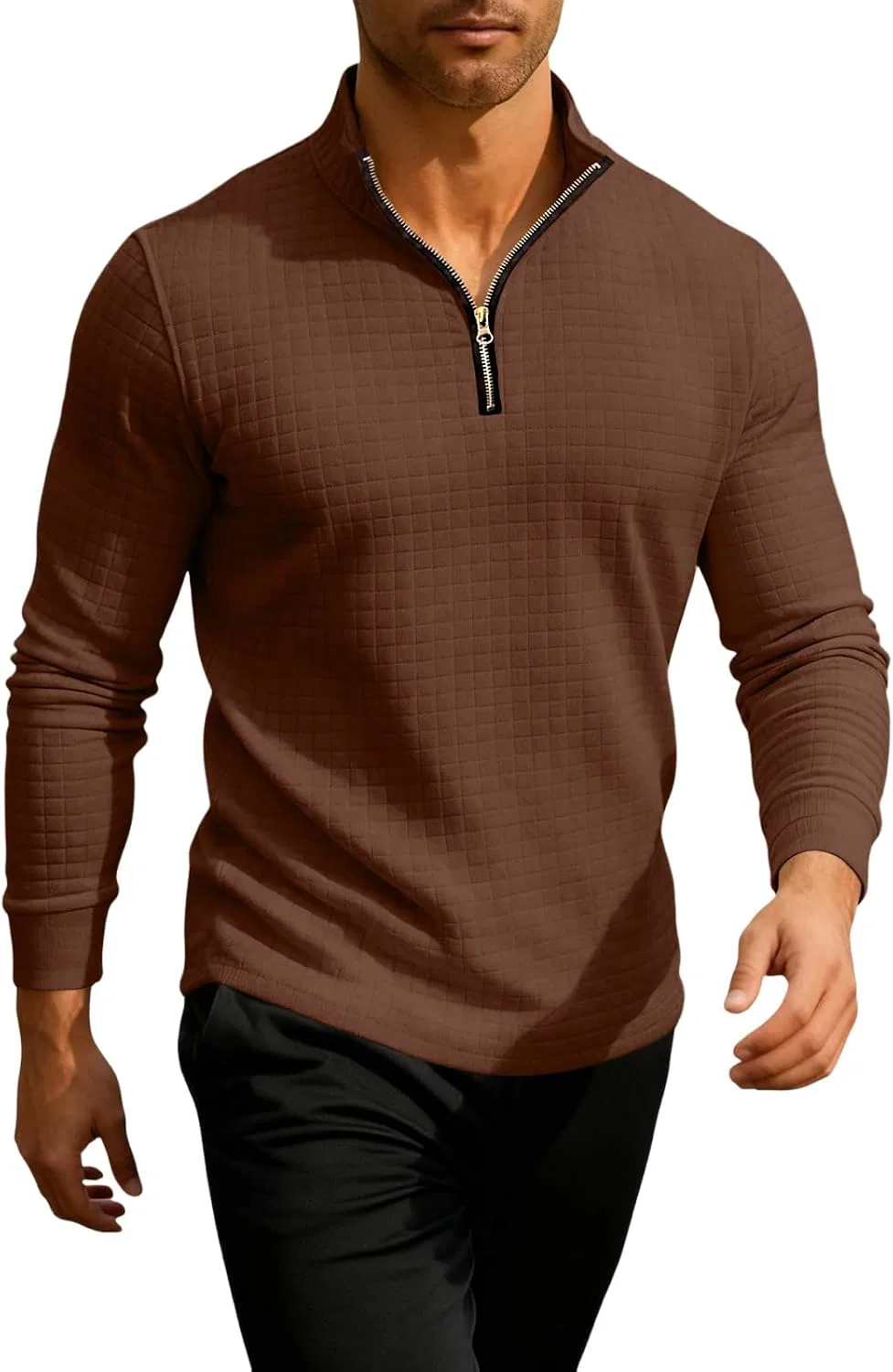Мужская футболка с длинным рукавом и четверть-молнией Waffle Knit, Brown — фото 2