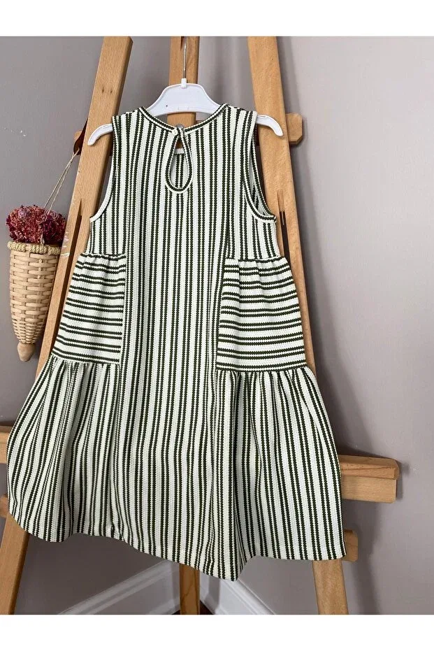 Детское платье для девочек с принтом Aden green striped soft flowy casual basic girl's dress Baby, Khaki — фото 4