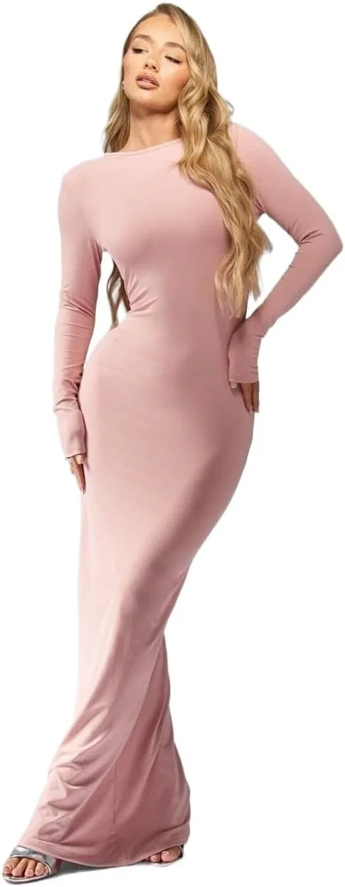 Женское облегающее платье макси с длинным рукавом, Pink