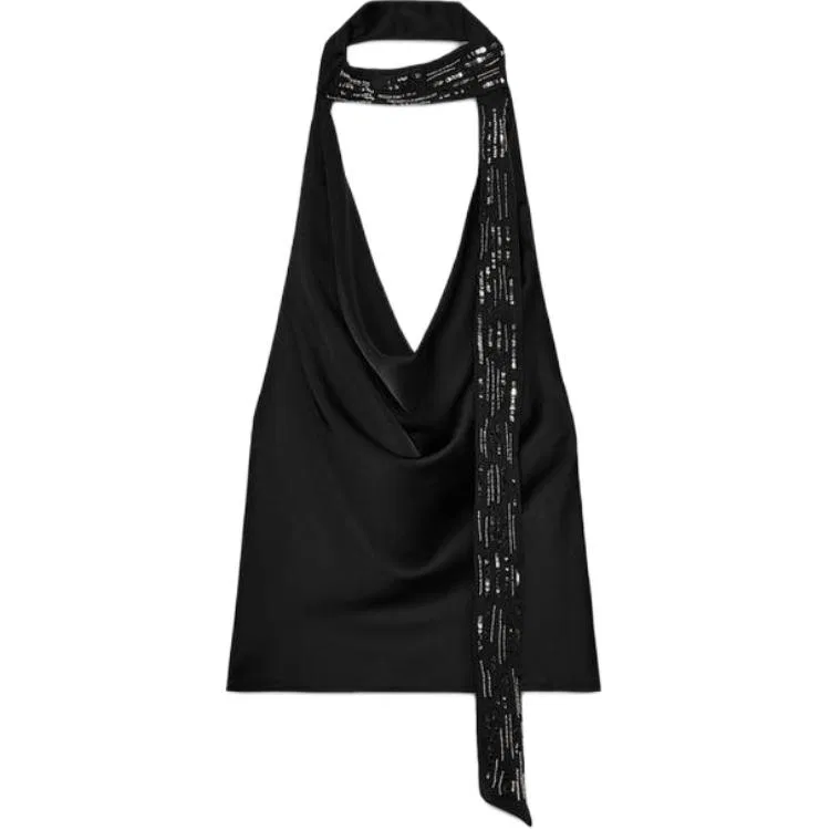 Женский топ без рукавов с V-образным вырезом и завязками на шее ZARA, Black — фото 3