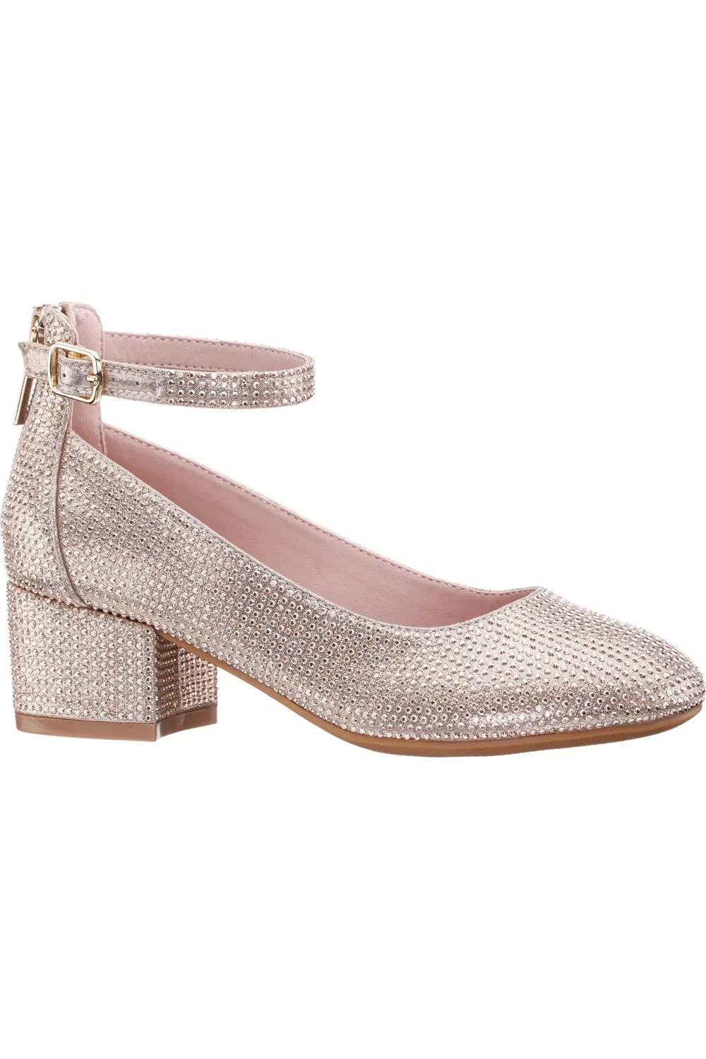 Детские туфли на каблуке со стразами и ремешком Lennie Nina, Light Gold Satin/Rhinestones