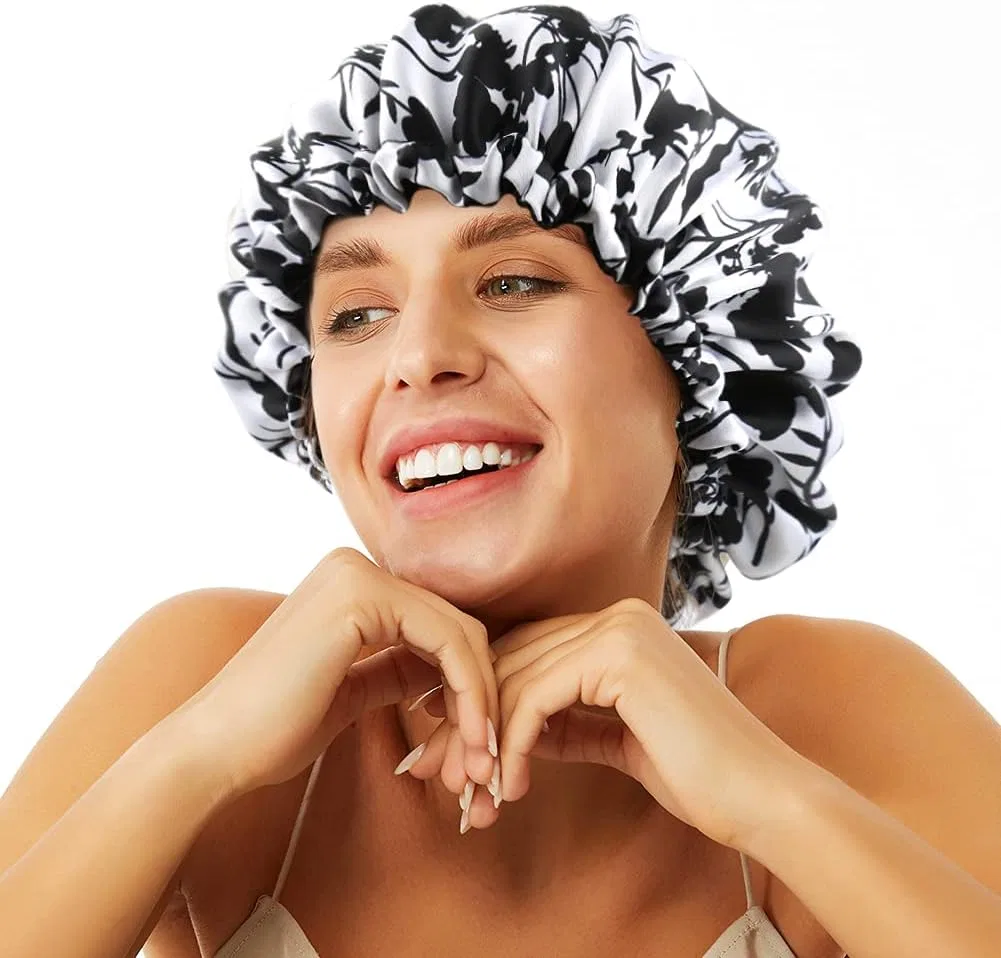 Шапочка для душа ELIHAIR, сатиновая, двойной слой, регулируемая, L, Black Flora — фото 2