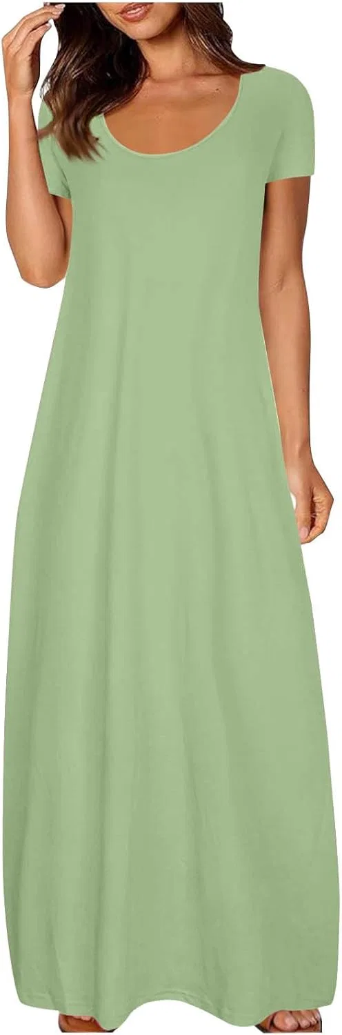 Женское летнее макси-платье с коротким рукавом и круглым вырезом, Light Green