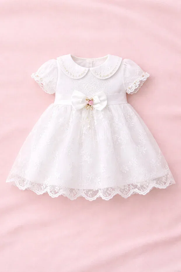 Детское платье для девочек с коротким рукавом Heart-Embellished Pearl Ley Bebe, White — фото 3