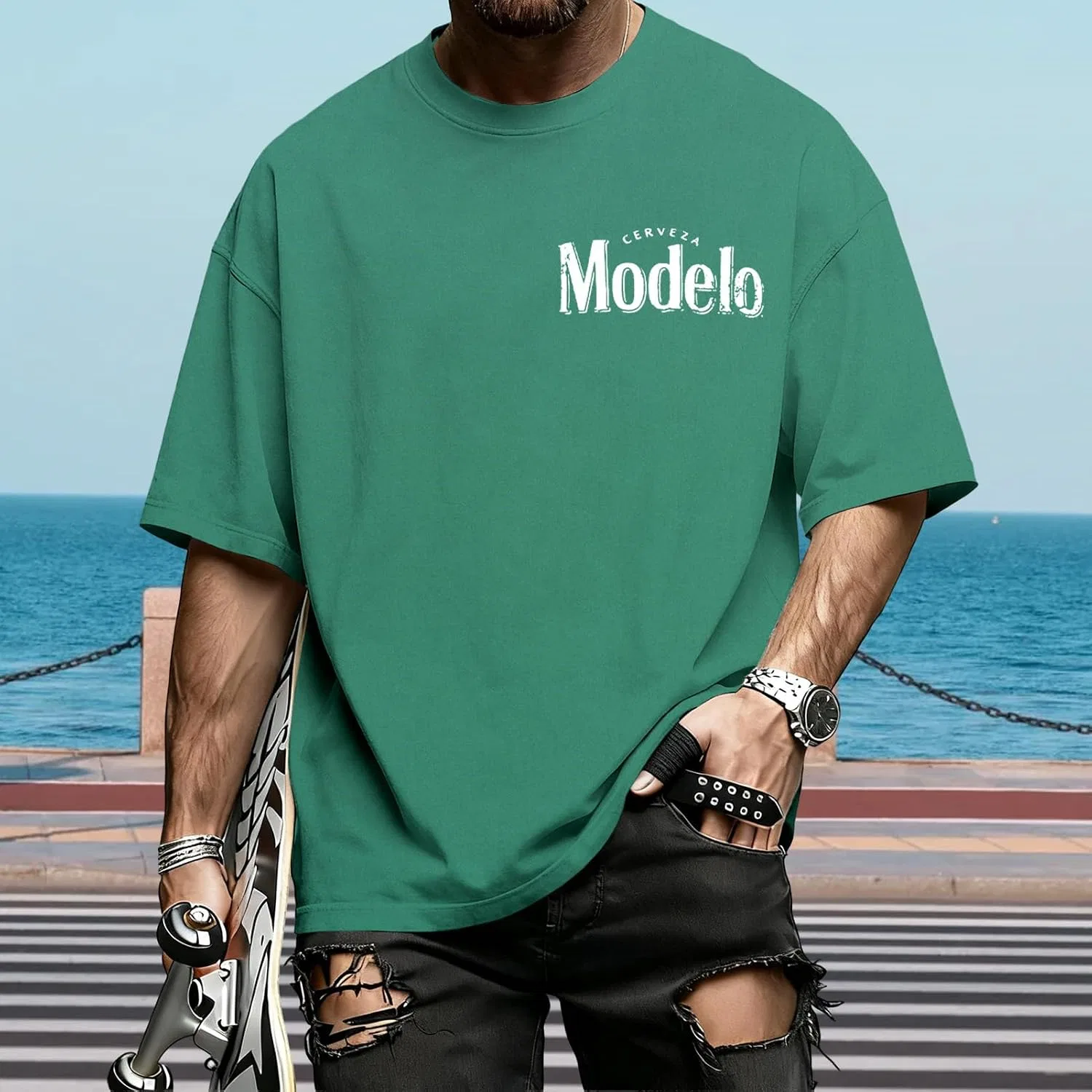 Мужская футболка оверсайз с принтом Western T Shirts, зелёный — фото 2