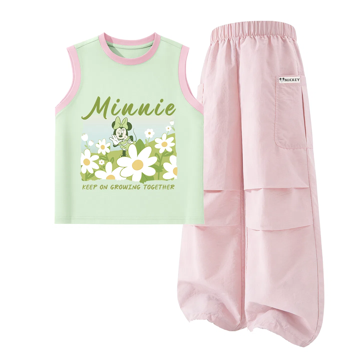 Детский спортивный костюм с круглым вырезом, тонкий дышащий, Disney, Di Floral K Pink Green+DiHU Long Hook-and-Loop K Magnolia Pink — фото 4