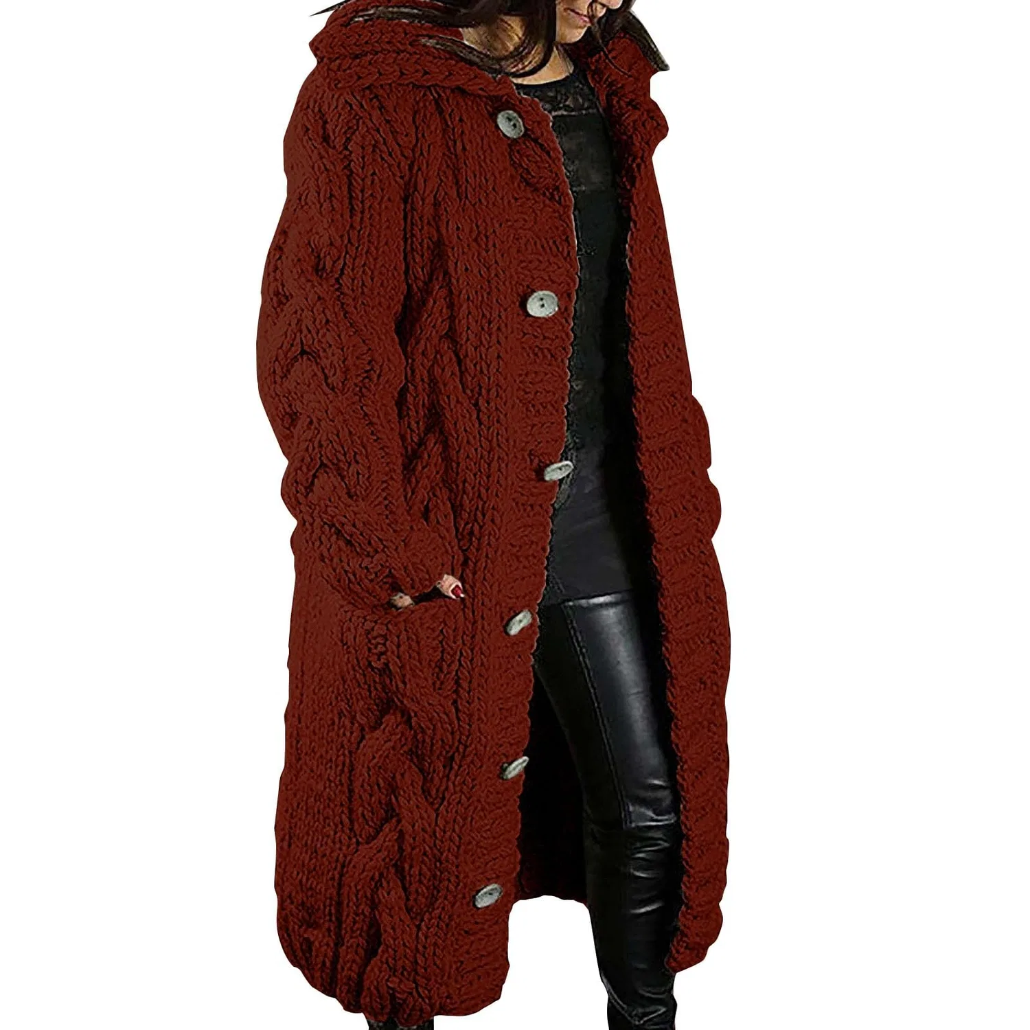 Женский кардиган с пуговицами из объемной вязки, Oversized Long Solid Color Stand Collar Casual Jackets, Wine