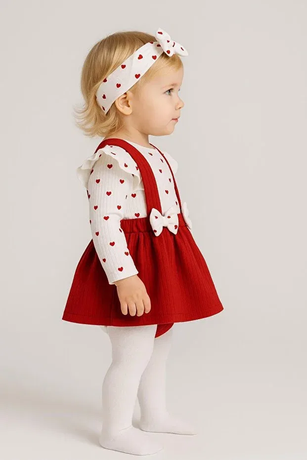 Детское платье-блейзер для девочек с принтом Baby Girl Heart Flower Print Bow Detail Bandana Bottom Snap Fastener Bodysuit Dress 3-Piece Jewelry Set Dinamik Çocuk, Heart — фото 3