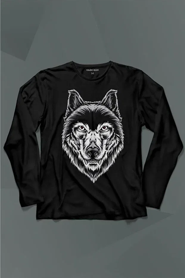 Детская футболка с длинным рукавом с принтом Red-Eyed Wild Wolf Head Kendim Seçtim, Black
