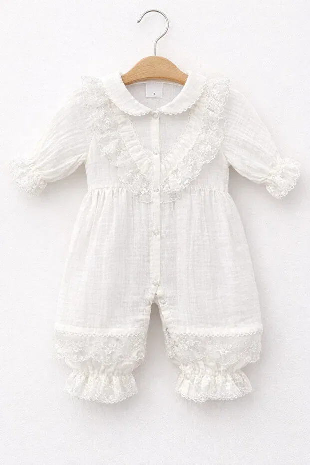 Детский комбинезон для девочек кружевной Basics Kardeşler Bebe, Ecru