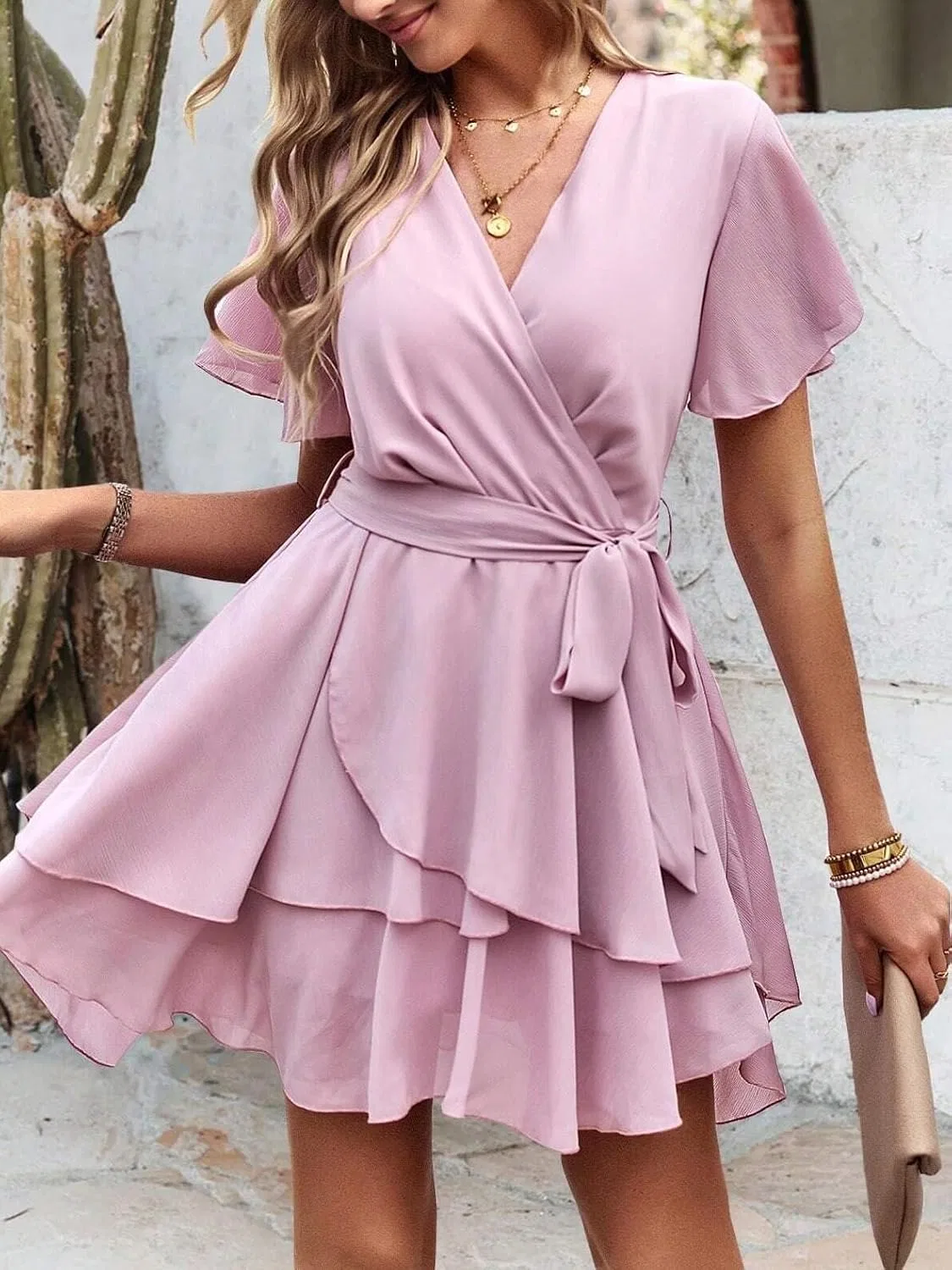 Женское летнее платье V-образным вырезом и оборкой A-Line, Pink — фото 4