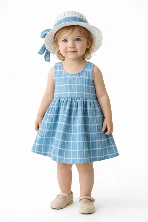 Детский комплект платьев с принтом Sweet Baby Girl Plaid Style Dress With Hat And Bow Detail Chicsy Baby, Blue