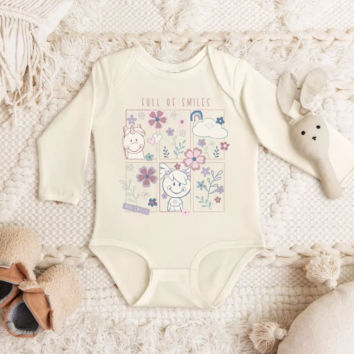 Детский боди с длинным рукавом Mini Smiley Full of Smiles Outline The Juniper Shop, Natural — фото 3