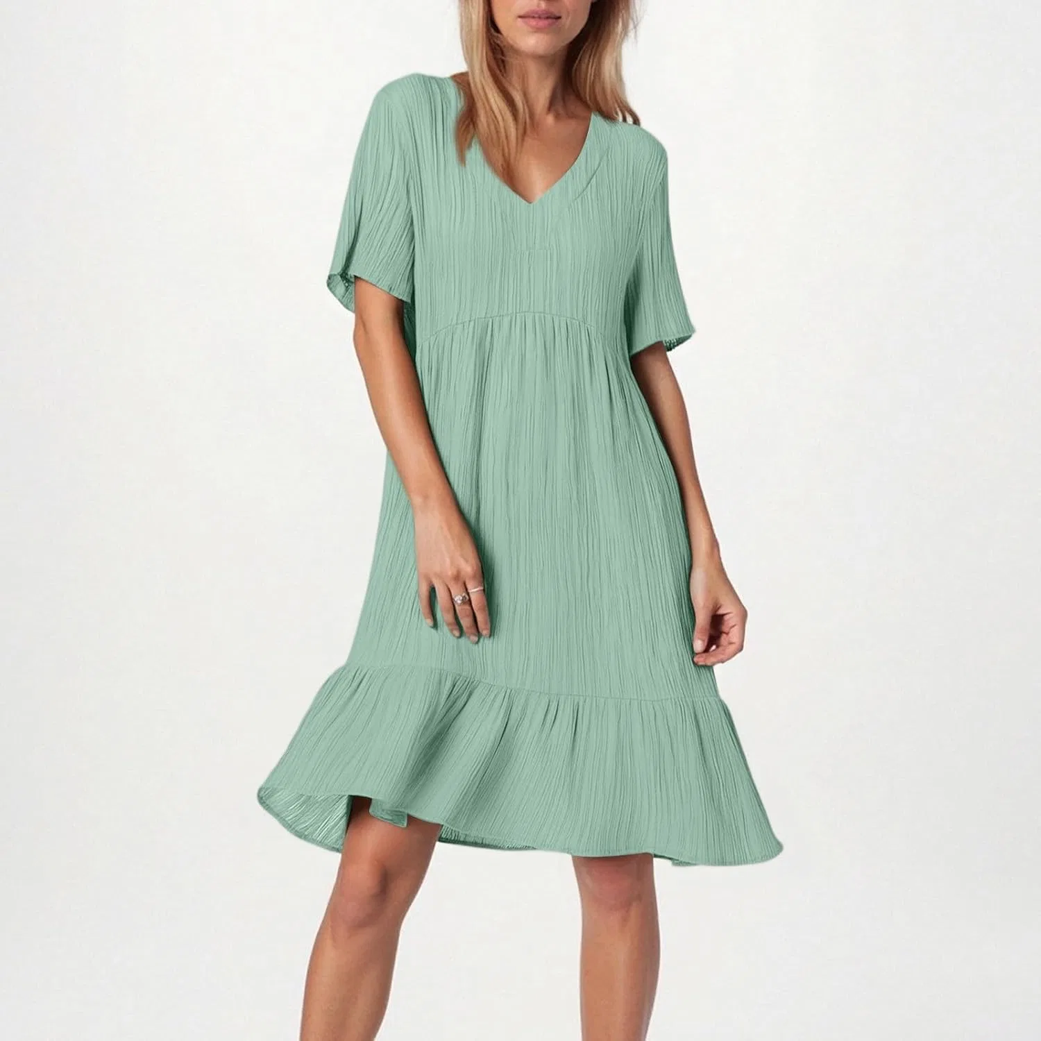 Женское летнее платье с воротником V и плиссированными воланами, Mint Green — фото 3