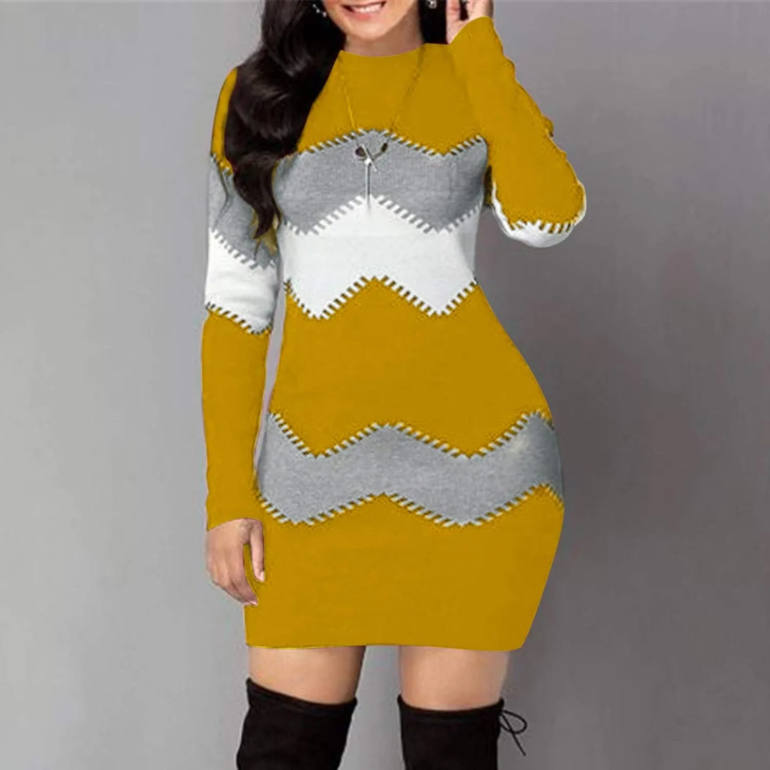 Женское облегающее платье-свитер с воротником-стойкой, Yellow — фото 2