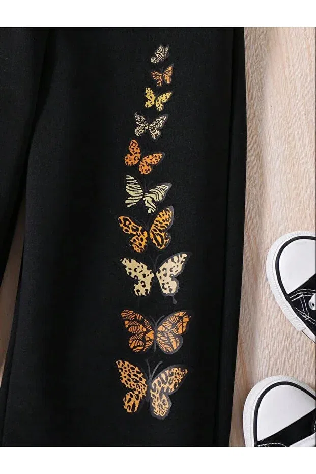 Детские спортивные штаны для девочек с принтом Unisex Butterfly Printed 3 Thread Jogger Relaxed Fit Sweatpants Keywest, Siyah — фото 2