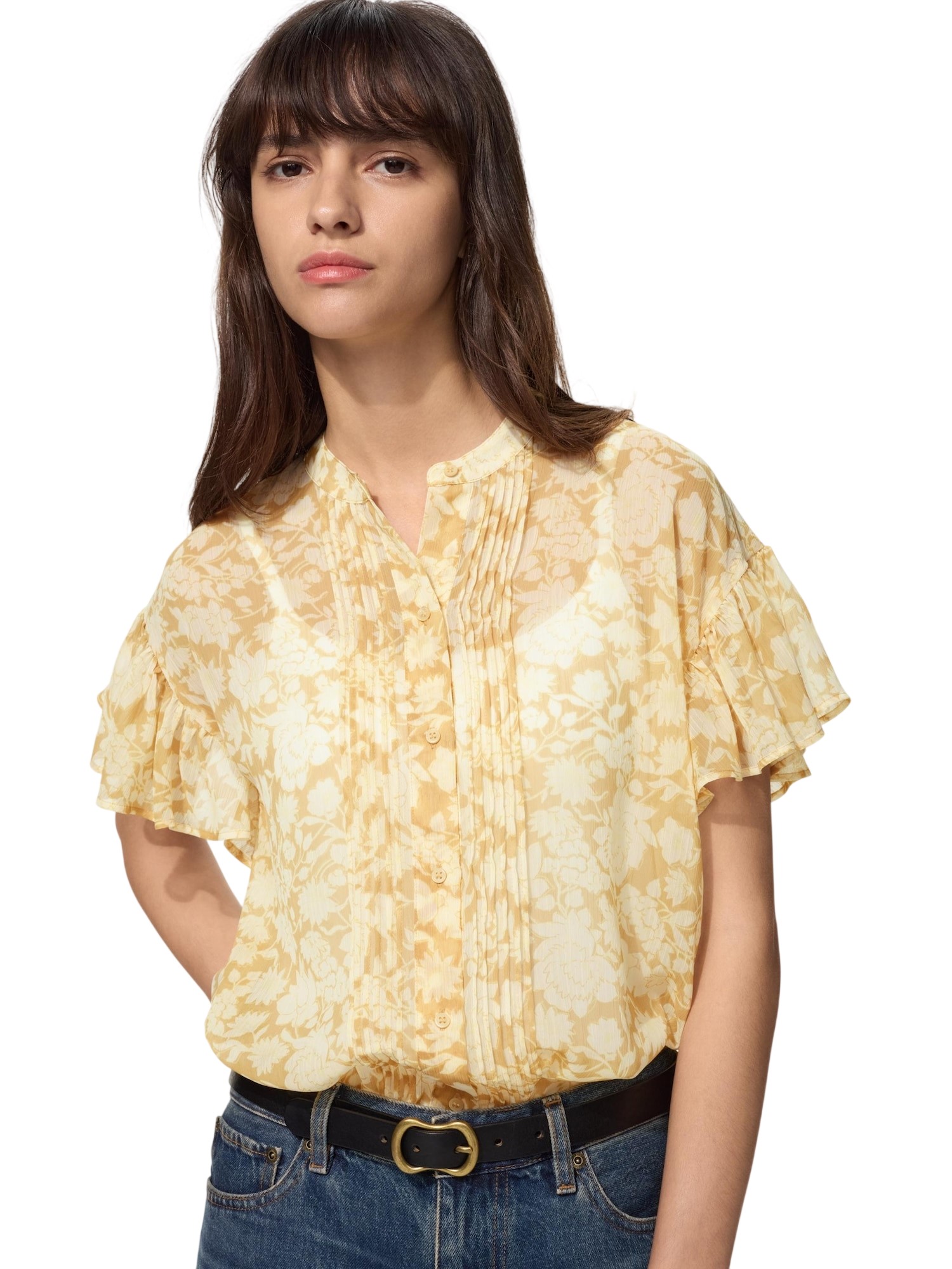 Шифоновая блуза Uniqlo Floral Print, 32 бежевый — фото 2