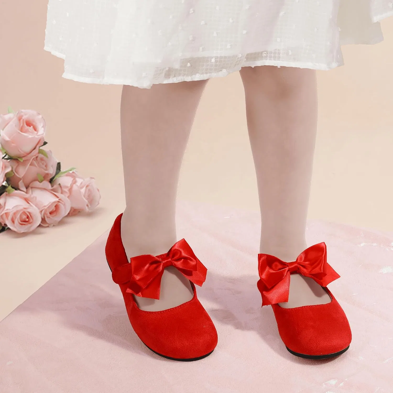 Детские балетки для девочек с бантом Mary Jane PANDANINJIA, Red Suede — фото 2