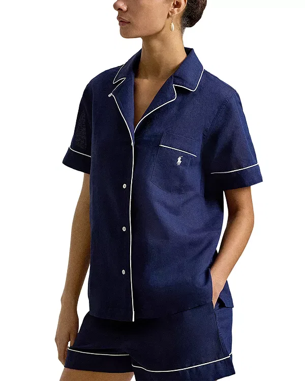 Женский комплект пижамы из льна и хлопка с коротким рукавом Polo Ralph Lauren, темно-синий — фото 2