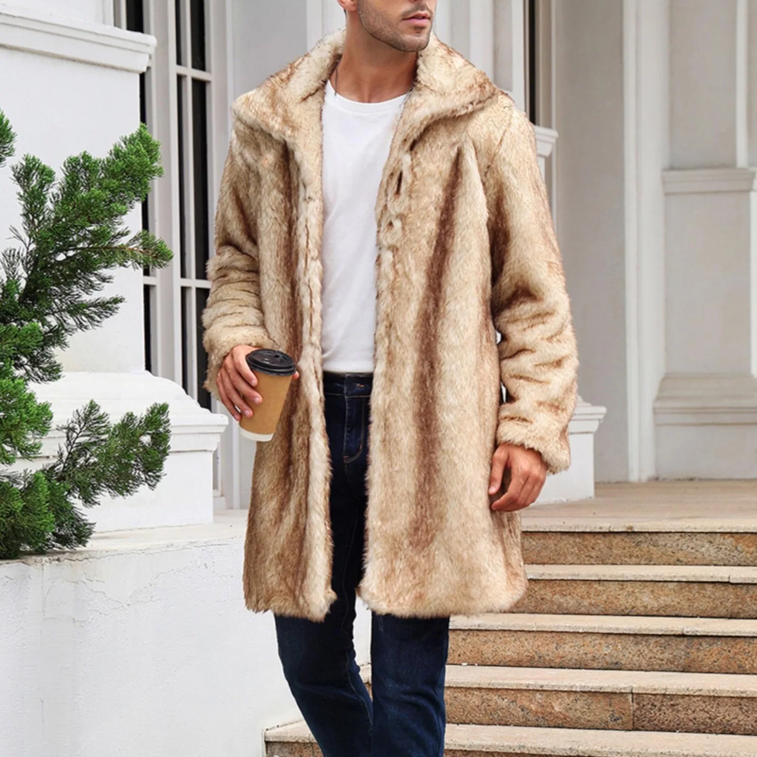 Мужское пальто из искусственного меха с длинным рукавом, G# Beige — фото 3