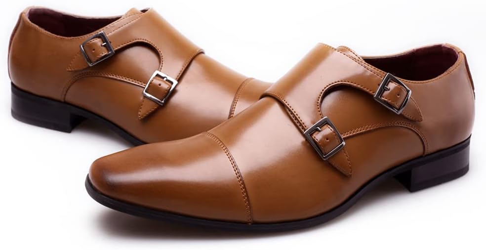 

Мужские классические туфли - лоферы с тройной пряжкой из натуральной кожи с закрытым носком для формального стиля Tisamy, коричневый