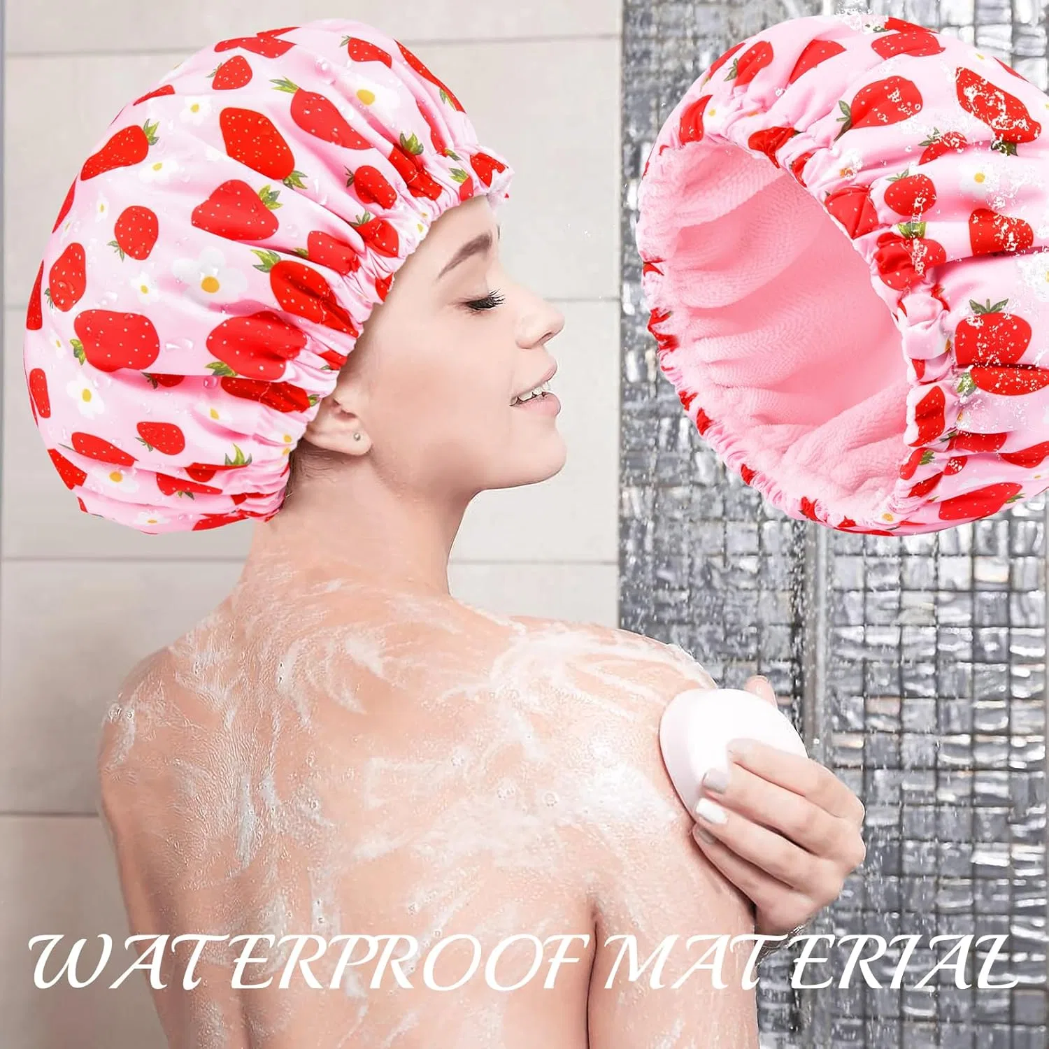 Шапочка для душа Terry Cloth Lined Large Reusable Waterproof, Aileam, Cotton, Pink Strawberry Flowers — фото 3
