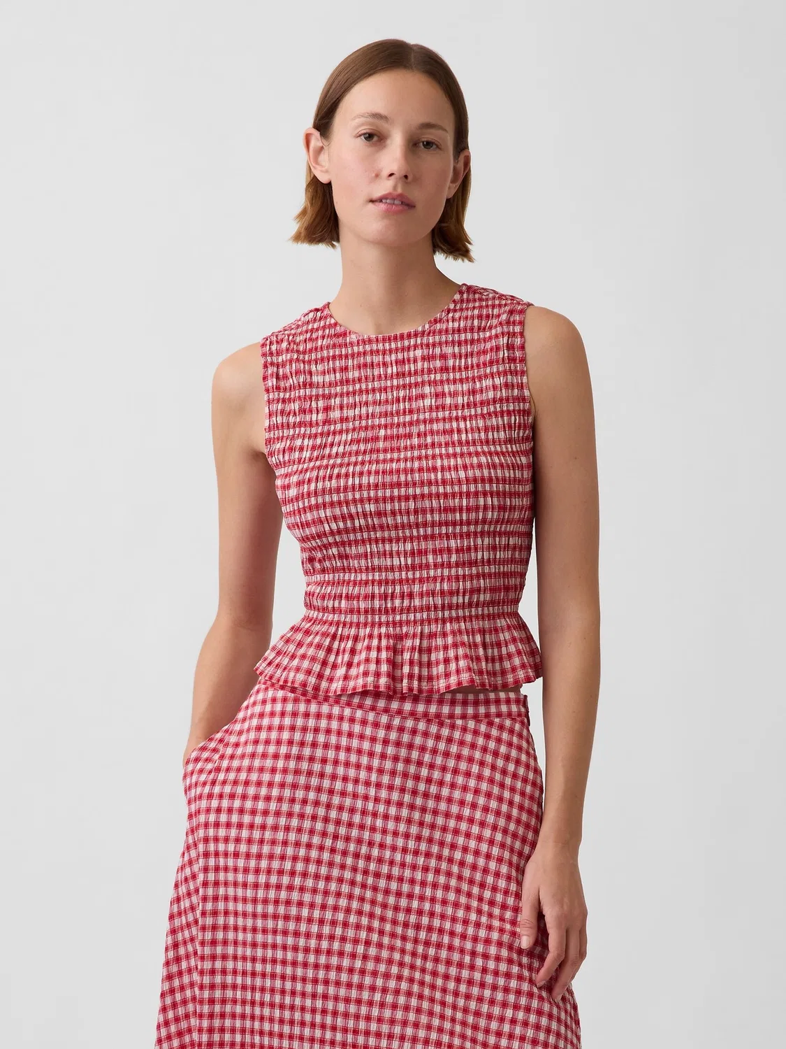 Топ с воланами Gap Red Smocked Gingham Crop Peplum, красный