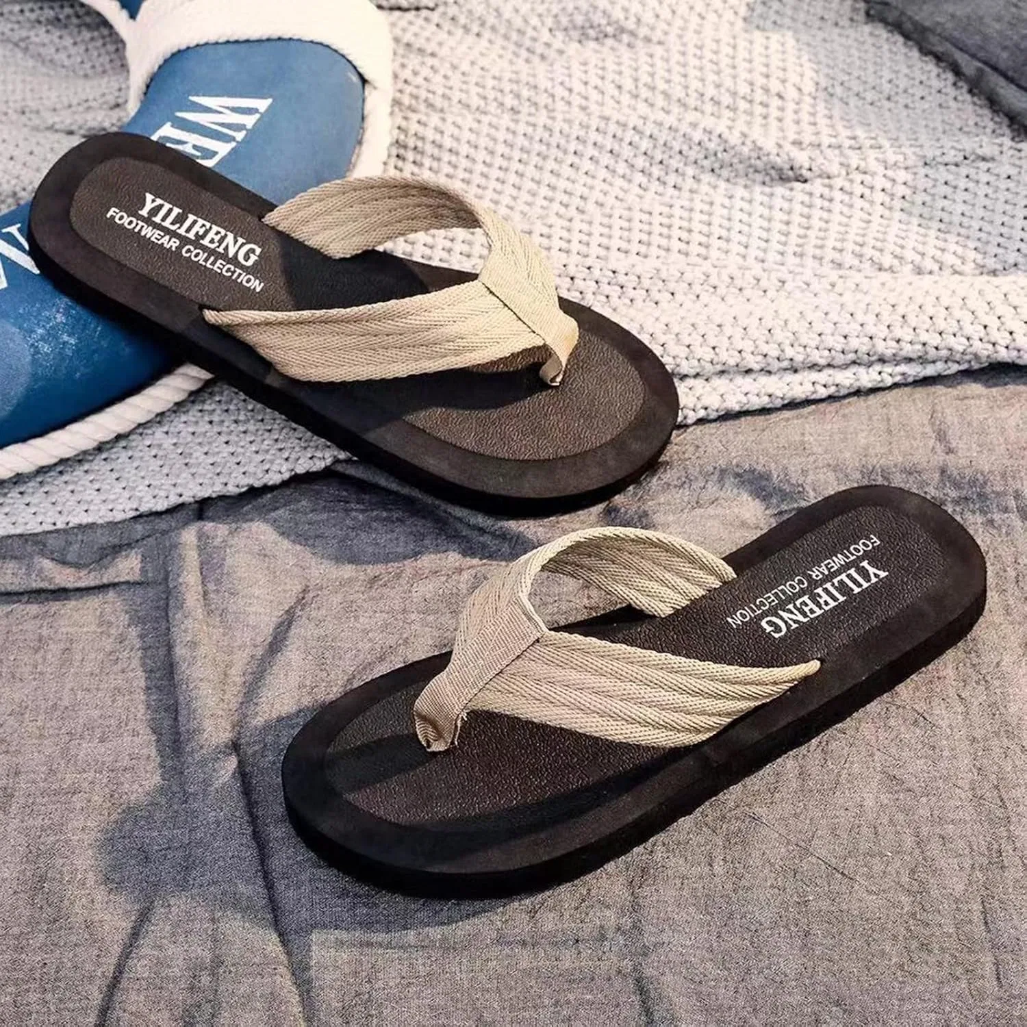 Pantoletten Herren Sommer, Hausschuhe Für Männer Sommer Herrenschuhe Strand Вьетнамки с плоским носком Сэндвич-шлепанцы Strand для мужчин Generic, Beige — фото 4
