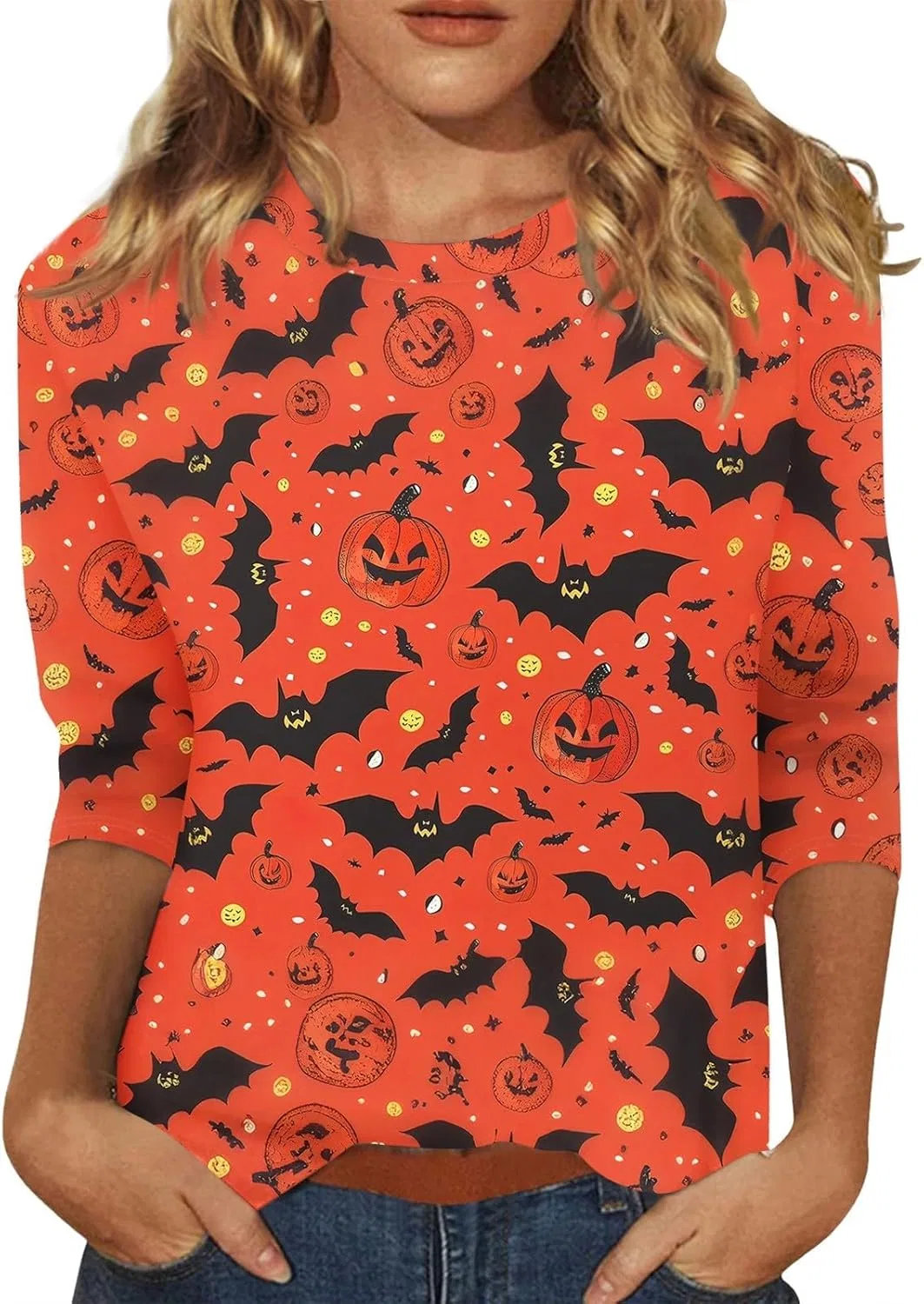 Футболка с принтом, 3/4 рукав, свободный крой, Casual, 2-vermilion