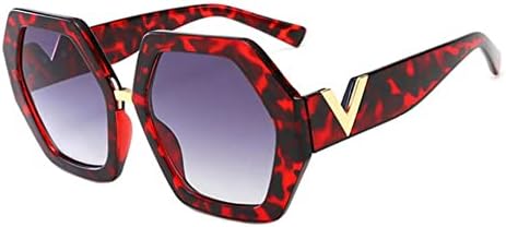 

Солнцезащитные очки большого размера 2027 года, красные шестиугольные, для женщин, из ацетата, многоугольные, с золотистым декором в виде буквы V MTZJH, Red Leopard Grey
