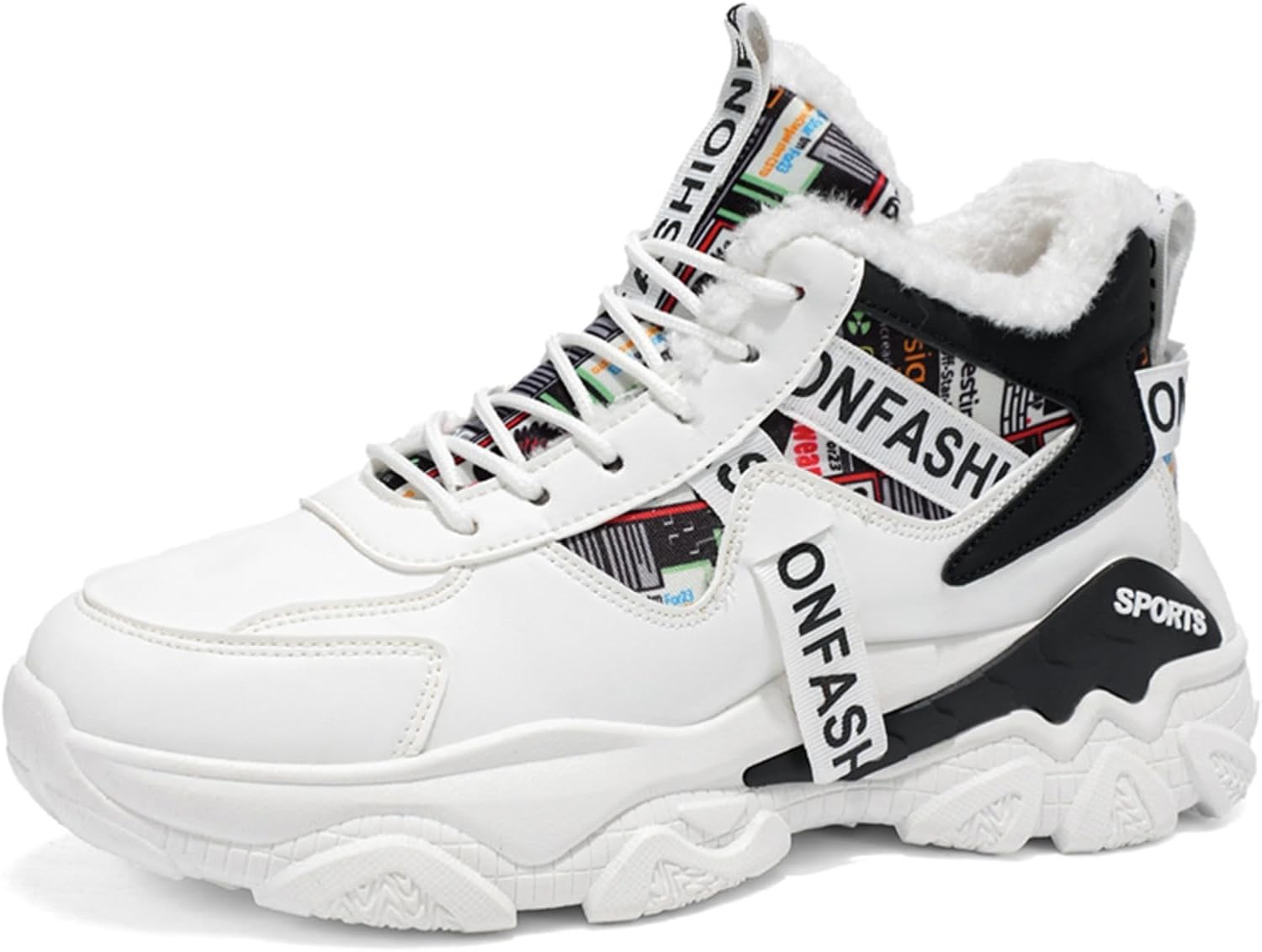 

Мужские высокие кроссовки с флисовой подкладкой, теплые плюшевые шнурованные массивные кроссовки, стильные и удобные для зимнего повседневного ношения и прогулок в уличном стиле Khwfjas, белый/черный