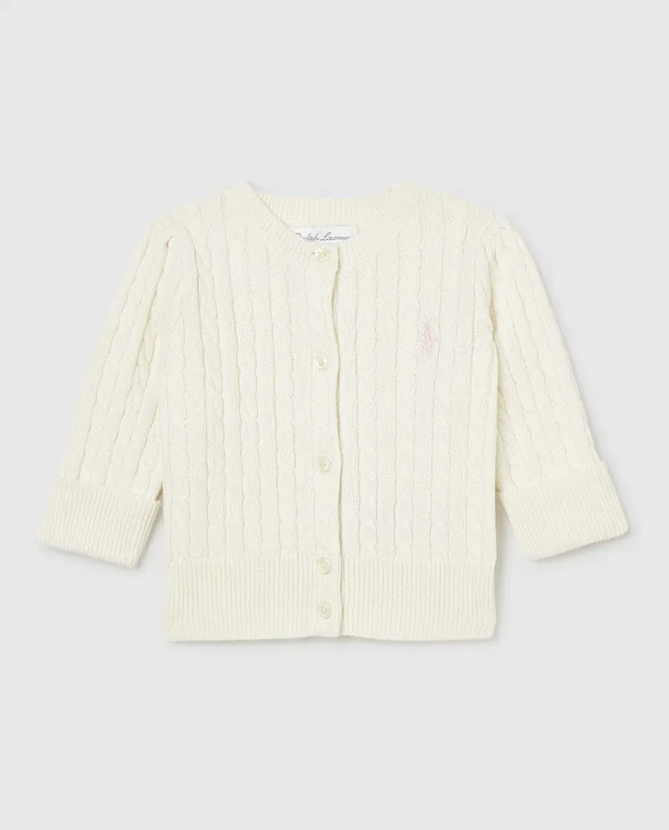 Вязаный хлопковый кардиган для маленькой девочки с узором «косы» Polo Ralph Lauren, белый