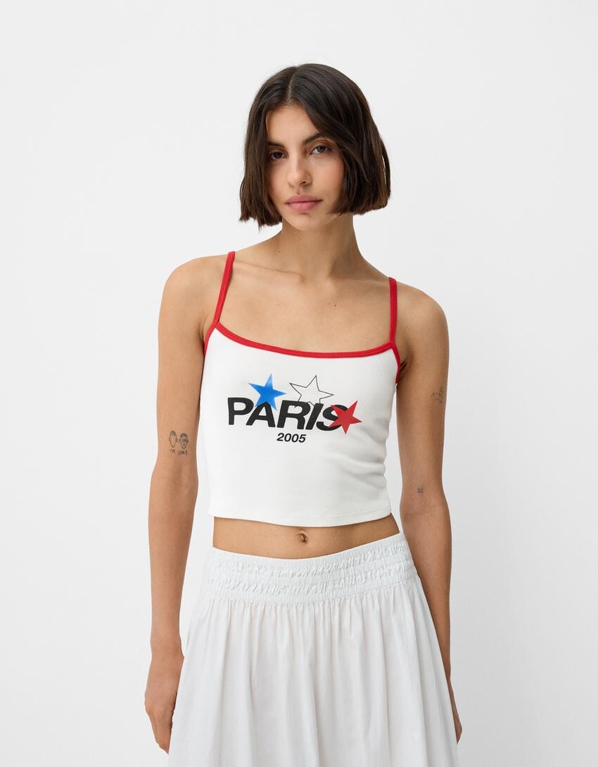 

Топ paris на бретельках со стразами Bershka, белый