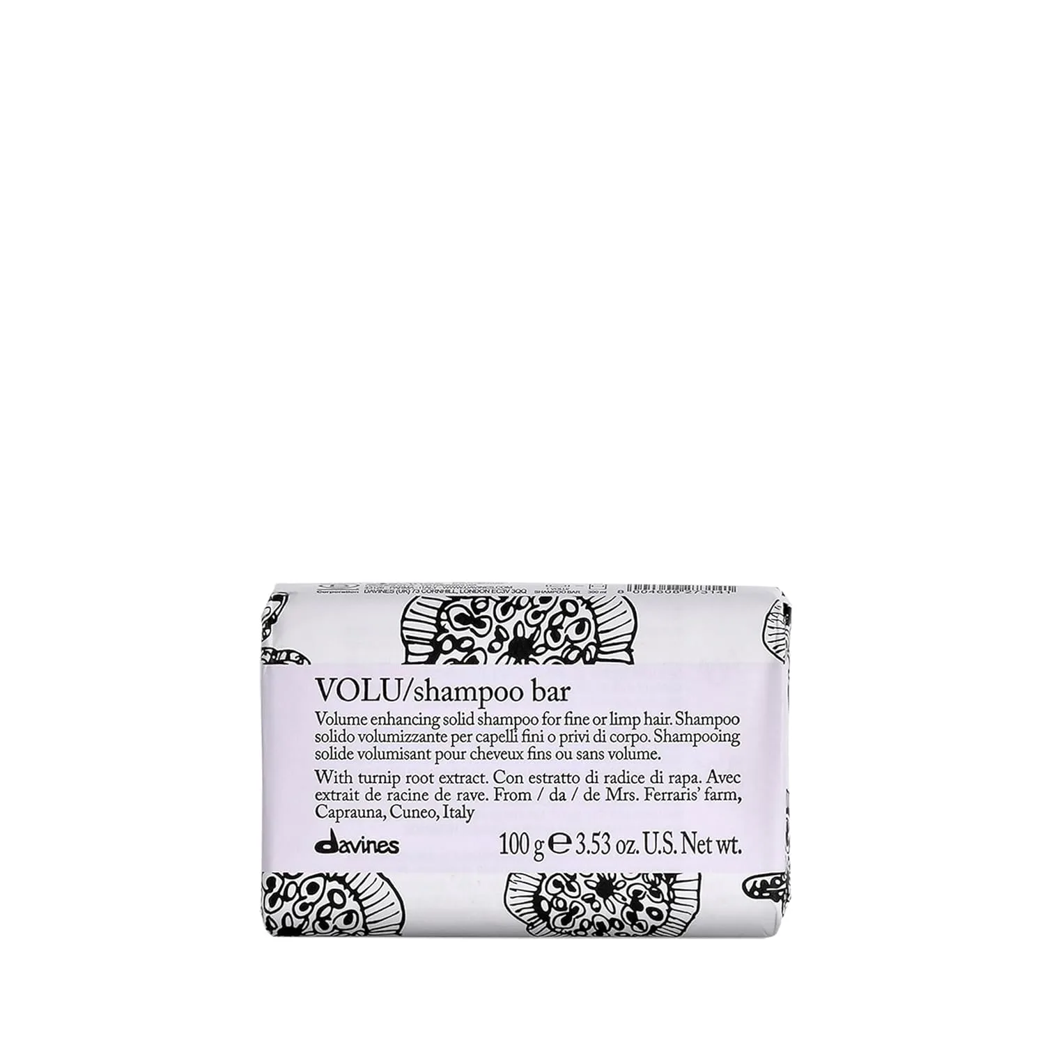 Davines VOLU шампунь-бар, компактный твердый шампунь превращается в насыщенную пену для тонких или лишенных объема волос, придает мягкость и легкость с долговременным объемом, 100 г