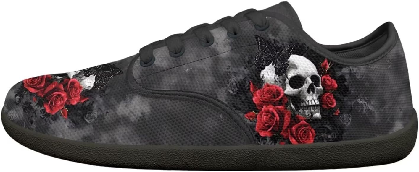 

Мужские кроссовки низкие повседневные с шнуровкой, с широким носком, для ходьбы, кроссовки с подошвой нулевого перепада Pointodoor, Skull Roses Print