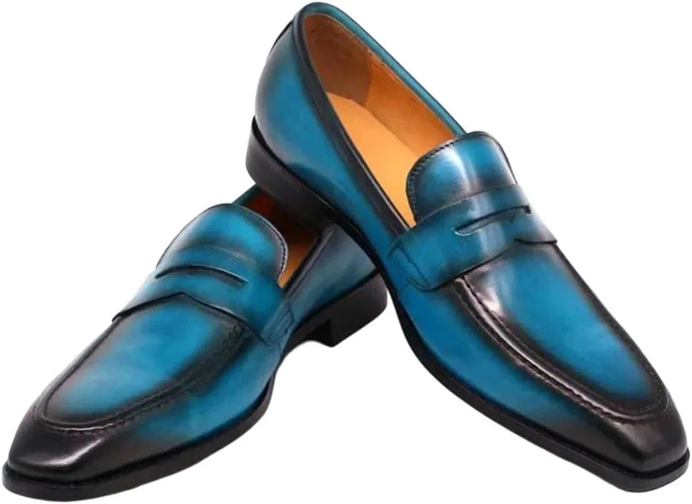 Лоферы кожаные, ручная роспись, Men Winter Loafers, Голубое небо