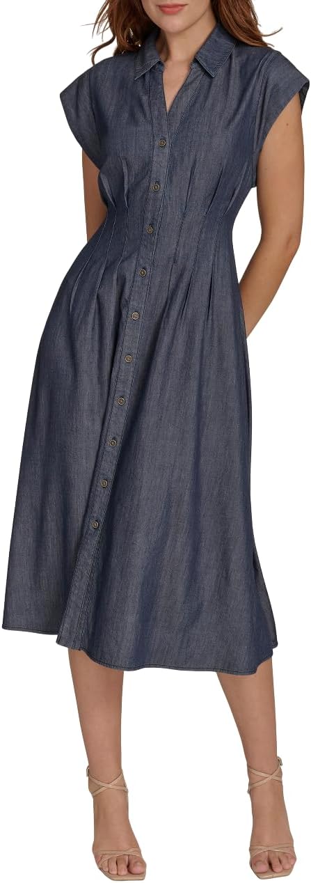 

Женское платье миди Tommy Hilfiger из шамбре с короткими рукавами и расклешенным лифом, Dark Wash