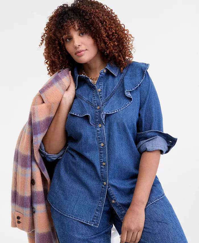 

Модная джинсовая рубашка с рюшами на груди и длинными рукавами больших размеров On 34Th, синий