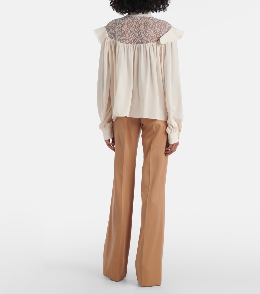 Шелковая блузка с кружевной отделкой и бантом Stella McCartney, Natural — фото 3