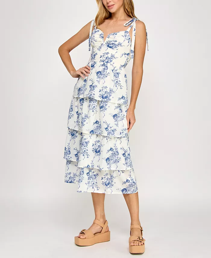 

Платье для юниоров с цветочным принтом и завязками на плечах, многоуровневое Crystal Doll