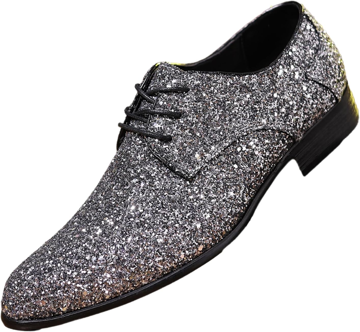 

Мужские оксфорды с блестками, заостренным носком, модные, с сияющими пайетками, на шнуровке, с низким устойчивым каблуком, праздничные туфли для смокинга на вечеринку, выпускной или свадьбу Boegbnw, серебро